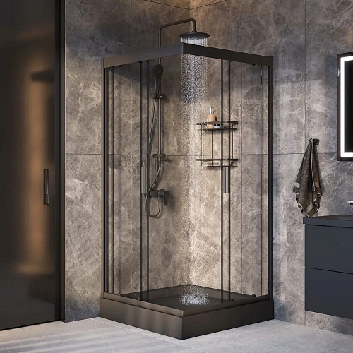 Душевой уголок AM.PM Gem 90x90 WK90EO с душевой системой и аксессуарами, профиль черный матовый, стекло прозрачное Душевой уголок AM.PM Gem 90x90 WK90EO с душевой системой и аксессуарами, профиль черный матовый, стекло прозрачное
