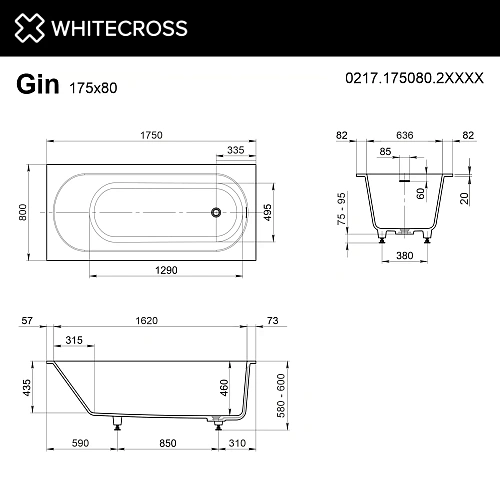 Ванна из искусственного камня WHITECROSS Gin 175x80 RAL матовый Ванна из искусственного камня WHITECROSS Gin 175x80 RAL матовый
