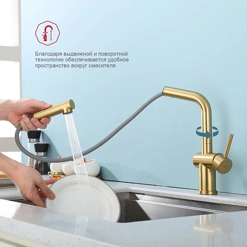 Смеситель для кухни Raglo R86.49.03 с выдвижным изливом, золотой сатин Смеситель для кухни Raglo R86.49.03 с выдвижным изливом, золотой сатин