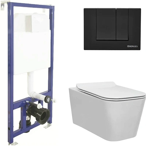 Комплект унитаза BERGES FLOE Rimless с инсталляцией NOVUM525, кнопка S5 SoftTouch черная, сидение ми 043230 Комплект унитаза BERGES FLOE Rimless с инсталляцией NOVUM525, кнопка S5 SoftTouch черная, сидение ми 043230