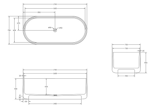 Ванна отдельностоящая ABBER AT9708Onyx 170x75 универсальная, черная полиэфирная смола Ванна отдельностоящая ABBER AT9708Onyx 170x75 универсальная, черная полиэфирная смола