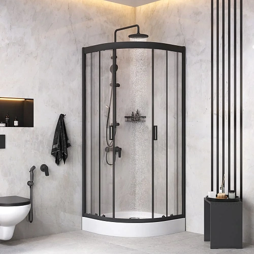 Душевой уголок AM.PM Gem 80x80 WK90EM с душевой системой и аксессуарами, профиль черный матовый, стекло прозрачное Душевой уголок AM.PM Gem 80x80 WK90EM с душевой системой и аксессуарами, профиль черный матовый, стекло прозрачное