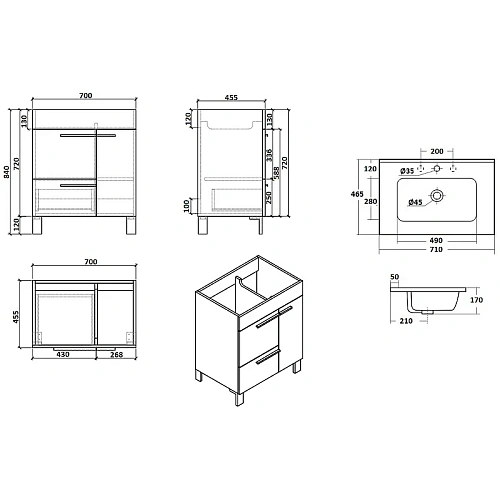 Тумба с раковиной Parly Spa Gill70 напольная 710x465x740 Тумба с раковиной Parly Spa Gill70 напольная 710x465x740
