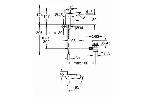 Смеситель для раковины GROHE BauEdge с рычажным донным клапаном, размер S, хром (23559001) Смеситель для раковины GROHE BauEdge с рычажным донным клапаном, размер S, хром (23559001)