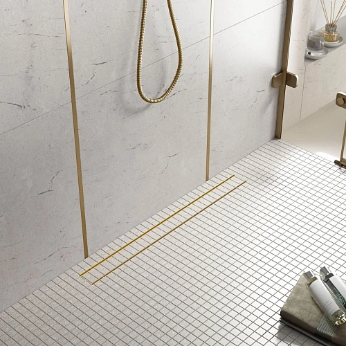 Душевой лоток Timo Drain System 1000 с двусторонней панелью "plate" под плитку, Золото матовое Душевой лоток Timo Drain System 1000 с двусторонней панелью "plate" под плитку, Золото матовое
