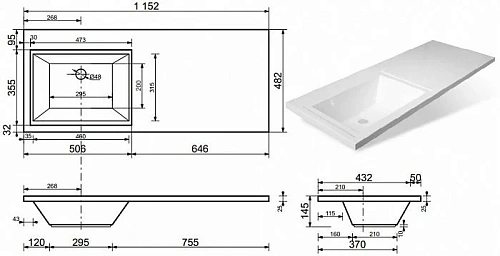 Раковина Эстет Даллас ФР-00001936 левая 1150х480 накладная Раковина Эстет Даллас ФР-00001936 левая 1150х480 накладная