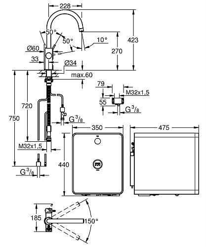 Смеситель для кухни GROHE Blue Red in One с системой для охлаждения, нагревания и газирования воды, 31852000 Смеситель для кухни GROHE Blue Red in One с системой для охлаждения, нагревания и газирования воды, 31852000