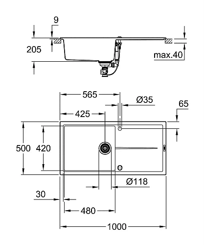 Кухонная мойка GROHE K400, 1000 x 500 мм, серый гранит (31641AT0) Кухонная мойка GROHE K400, 1000 x 500 мм, серый гранит (31641AT0)