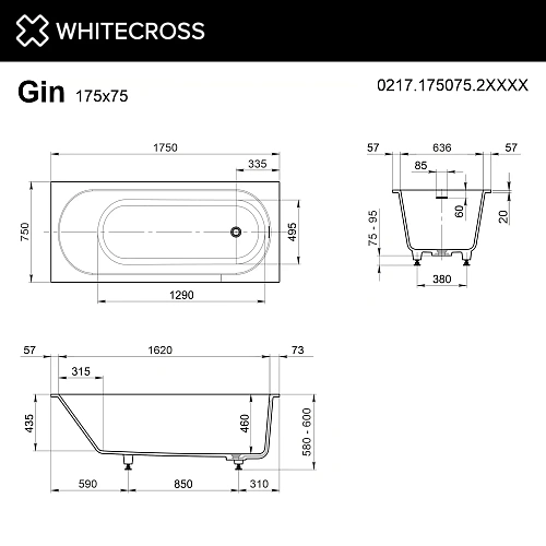 Ванна из искусственного камня WHITECROSS Gin 175x75 RAL матовый Ванна из искусственного камня WHITECROSS Gin 175x75 RAL матовый