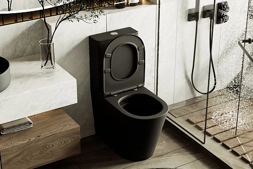 Унитаз напольный ABBER Bequem AC1112TMB компакт черный матовый, безободковый, смыв торнадо с крышкой микролифт Унитаз напольный ABBER Bequem AC1112TMB компакт черный матовый, безободковый, смыв торнадо с крышкой микролифт