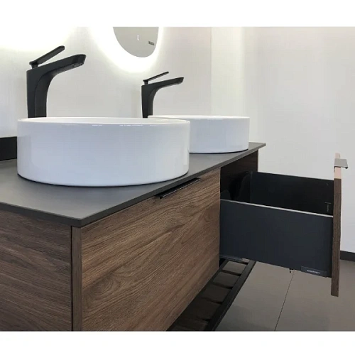 Тумба с раковиной Comforty Порто-120-2 00-00001287 дуб темно-коричневый с черной столешницей с раковинами Comforty 9110 Тумба с раковиной Comforty Порто-120-2 00-00001287 дуб темно-коричневый с черной столешницей с раковинами Comforty 9110