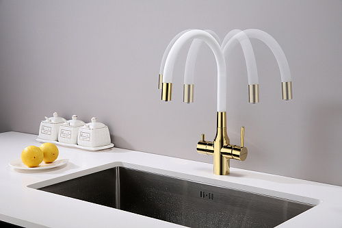 Смеситель для кухни Paulmark Salix золото белый шланг Sa213419-Gw Смеситель для кухни Paulmark Salix золото белый шланг Sa213419-Gw