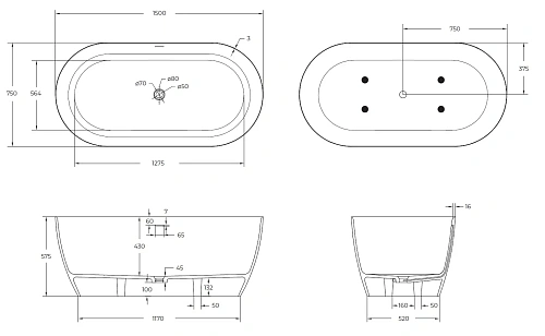 Ванна из искусственного камня CEZARES Solid Surface CZR-RELAX-150-75-57-SSB 1500x750x575 Ванна из искусственного камня CEZARES Solid Surface CZR-RELAX-150-75-57-SSB 1500x750x575
