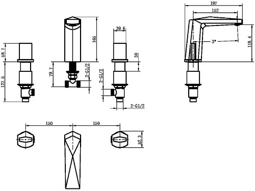 Смеситель на борт ванны Boheme Venturo 150-GM-ICE на 3 отверстия Gun Metall, ручка ICE Смеситель на борт ванны Boheme Venturo 150-GM-ICE на 3 отверстия Gun Metall, ручка ICE