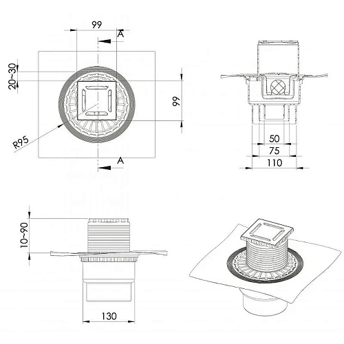 Душевой трап BERGES ZENTRUM Norma 100х100, матовый хром, выпуск D50/75/110 H74 вертикальный 090462 Душевой трап BERGES ZENTRUM Norma 100х100, матовый хром, выпуск D50/75/110 H74 вертикальный 090462