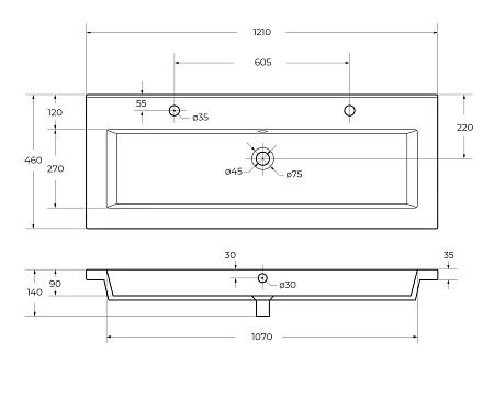 Раковина CEZARES CZR-8070-120-1-2 белый 1210x460 керамика Раковина CEZARES CZR-8070-120-1-2 белый 1210x460 керамика