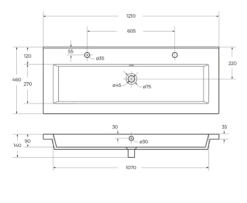 Раковина CEZARES CZR-8070-120-1-2 белый 1210x460 керамика Раковина CEZARES CZR-8070-120-1-2 белый 1210x460 керамика