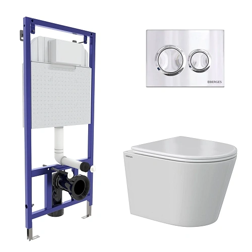Комплект инсталляции BERGES NOVUM с клавишей смыва O3 хром глянец, унитазом VITA Rimless 49 см и сиденьем микролифт, быстросъём 043377 Комплект инсталляции BERGES NOVUM с клавишей смыва O3 хром глянец, унитазом VITA Rimless 49 см и сиденьем микролифт, быстросъём 043377