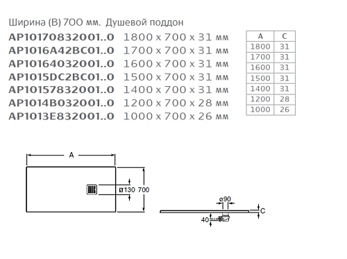 Душевой поддон Roca Terran 1800x700 графит, с сифоном и решеткой, AP1017082BC01200 Душевой поддон Roca Terran 1800x700 графит, с сифоном и решеткой, AP1017082BC01200