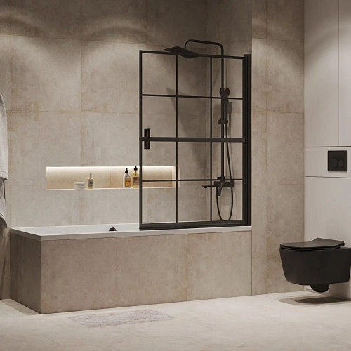 Шторка на ванну Niagara Nova NG-08-90BLACK (90x140) черный матовый, стекло прозрачное с рисунком клетка Шторка на ванну Niagara Nova NG-08-90BLACK (90x140) черный матовый, стекло прозрачное с рисунком клетка