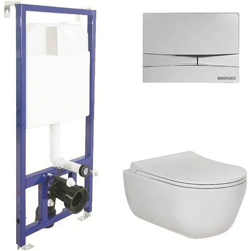 Комплект унитаза BERGES EGO Rimless с инсталляцией NOVUM525, кнопка F3 хром глянец, сидение микролиф 047253 Комплект унитаза BERGES EGO Rimless с инсталляцией NOVUM525, кнопка F3 хром глянец, сидение микролиф 047253