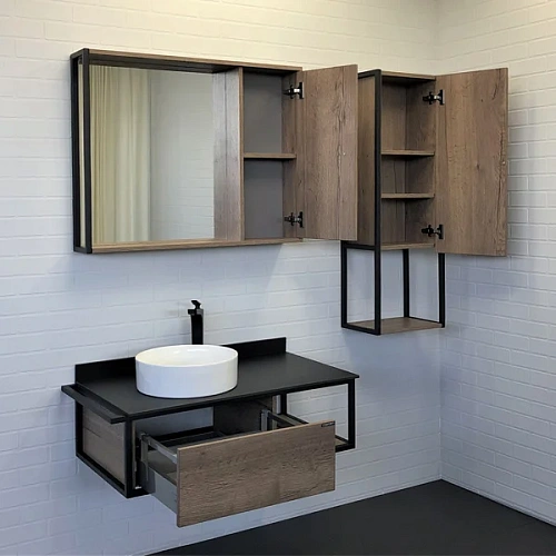 Тумба с раковиной Comforty Лиссабон 95 00-00006269 дуб темный с черной столешницей и раковиной Comforty 9111, левая Тумба с раковиной Comforty Лиссабон 95 00-00006269 дуб темный с черной столешницей и раковиной Comforty 9111, левая