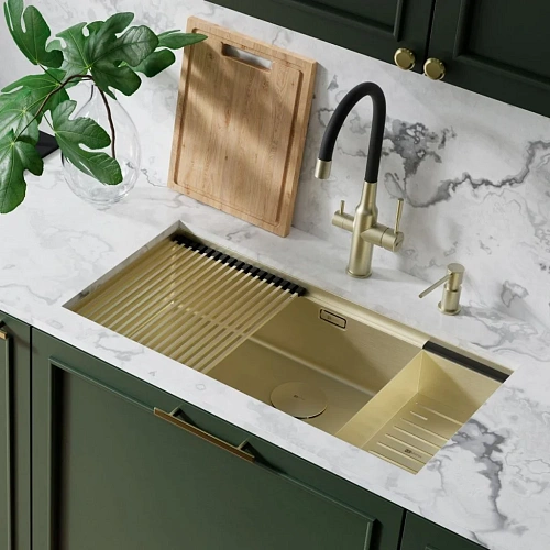 Кухонная мойка Lemark TABAGA 820 из нержавеющей стали с аксессуарами в комплекте: ролл-мат, коландер, разделочная доска, светлое золото 9938134 Кухонная мойка Lemark TABAGA 820 из нержавеющей стали с аксессуарами в комплекте: ролл-мат, коландер, разделочная доска, светлое золото 9938134