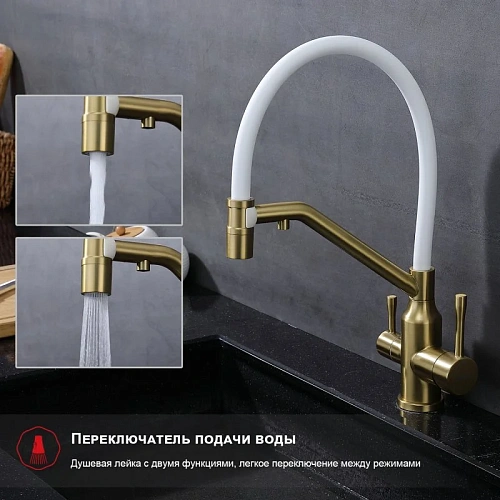 Смеситель для кухни Raglo R81.62.03 с гибким изливом с подключением к фильтру, золотой сатин Смеситель для кухни Raglo R81.62.03 с гибким изливом с подключением к фильтру, золотой сатин