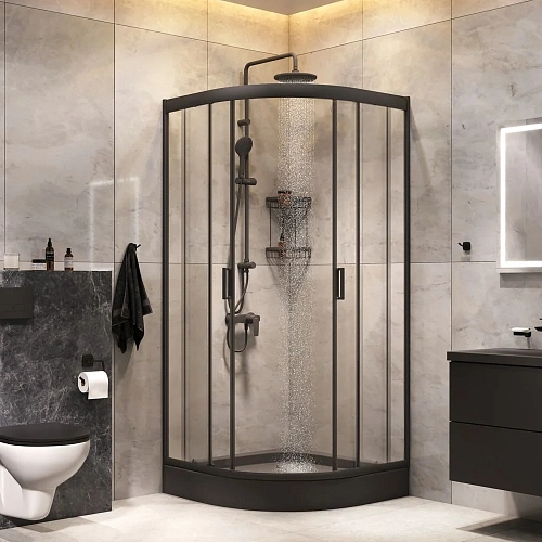 Душевой уголок AM.PM Gem 90x90 WK90EN с душевой системой и аксессуарами, профиль черный матовый, стекло прозрачное Душевой уголок AM.PM Gem 90x90 WK90EN с душевой системой и аксессуарами, профиль черный матовый, стекло прозрачное