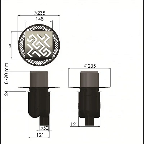 Душевой трап BERGES PLATZ Antik 150х150, матовый хром, S-сифон D50/105 H50 вертикальный 090061 Душевой трап BERGES PLATZ Antik 150х150, матовый хром, S-сифон D50/105 H50 вертикальный 090061
