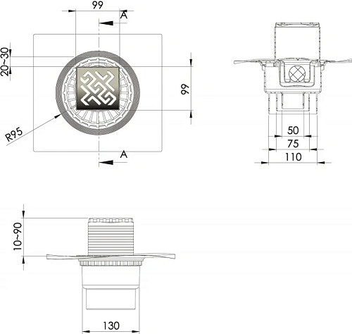 Душевой трап BERGES ZENTRUM Antik 100х100, хром глянец, выпуск D50/75/110 H74 вертикальный 091464 Душевой трап BERGES ZENTRUM Antik 100х100, хром глянец, выпуск D50/75/110 H74 вертикальный 091464