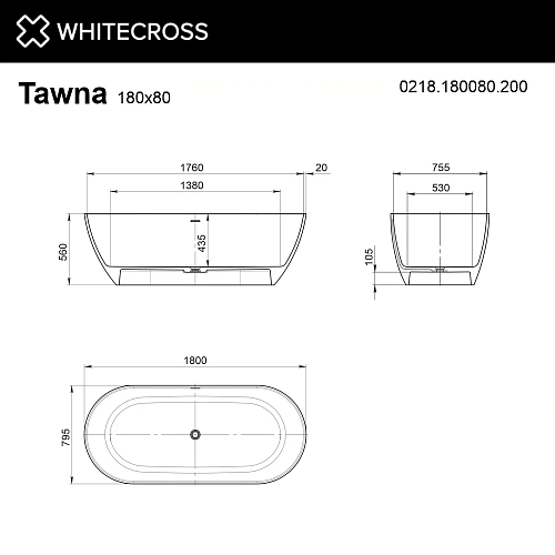 Ванна из искусственного камня WHITECROSS Tawna 180x80 белый матовый Ванна из искусственного камня WHITECROSS Tawna 180x80 белый матовый