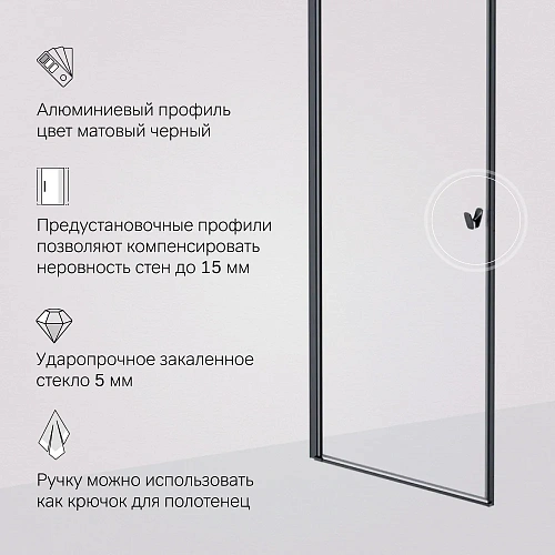 Душевая дверь AM.PM Sunny W87G-80-1P-BT распашная 80x190 профиль черный, стекло прозрачное Душевая дверь AM.PM Sunny W87G-80-1P-BT распашная 80x190 профиль черный, стекло прозрачное