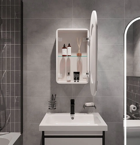 Зеркальный шкаф STWORKI Мальмё МВК074 45, с подсветкой, белый, прямоугольный, навесной, овальный, в 541469 Зеркальный шкаф STWORKI Мальмё МВК074 45, с подсветкой, белый, прямоугольный, навесной, овальный, в 541469