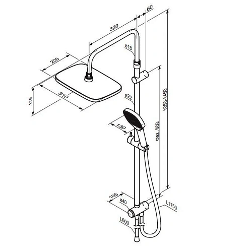 Душевая система Damixa Merkur 940000000 верхний душ 310x200 мм штанга 1050-1450, хром Душевая система Damixa Merkur 940000000 верхний душ 310x200 мм штанга 1050-1450, хром