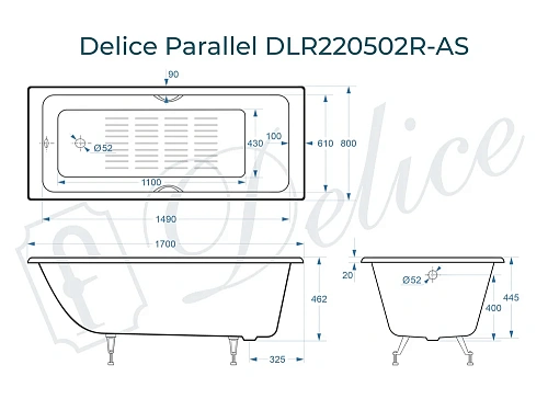 Ванна чугунная Delice Parallel 170х80 DLR220502RB-AS с черными матовыми ручками и антискользящим покрытием Ванна чугунная Delice Parallel 170х80 DLR220502RB-AS с черными матовыми ручками и антискользящим покрытием
