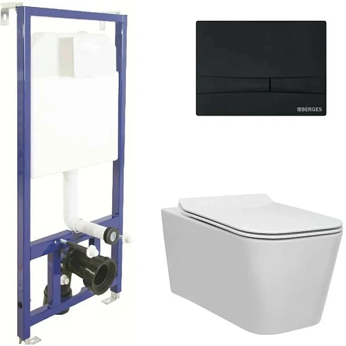 Комплект унитаза BERGES FLOE Rimless с инсталляцией NOVUM525, кнопка F5 SoftTouch черная, сидение ми 043224 Комплект унитаза BERGES FLOE Rimless с инсталляцией NOVUM525, кнопка F5 SoftTouch черная, сидение ми 043224
