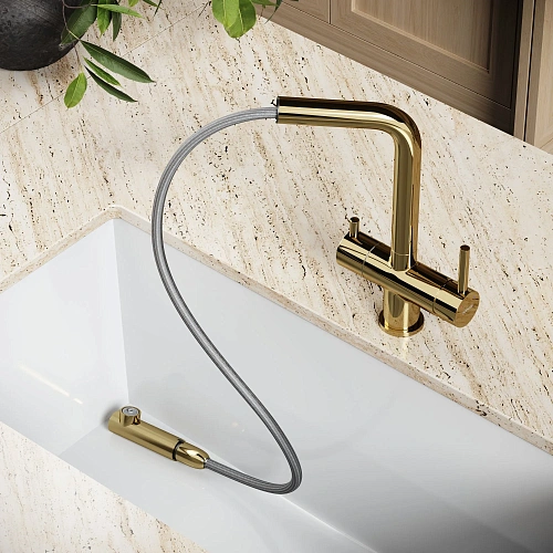 Смеситель для кухни SANCOS Spin SC4015ZG с вытяжным изливом, c краном для фильтрованной воды полированное золото Смеситель для кухни SANCOS Spin SC4015ZG с вытяжным изливом, c краном для фильтрованной воды полированное золото