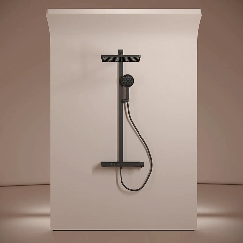 Душевая система Sancos Vos SC6100MB с термостатом, изливом, полкой, шлангом 1,5 м, верхним и ручным душем, черный матовый Душевая система Sancos Vos SC6100MB с термостатом, изливом, полкой, шлангом 1,5 м, верхним и ручным душем, черный матовый
