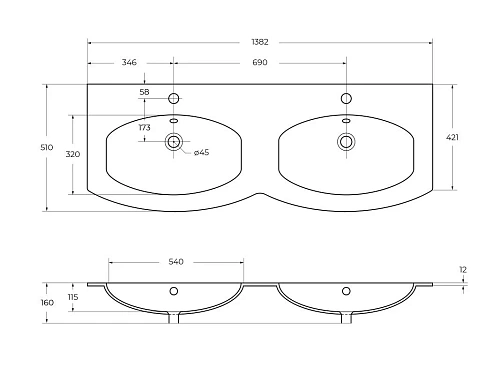 Раковина CEZARES 50156 Bianco 1380x520 искусственный камень Раковина CEZARES 50156 Bianco 1380x520 искусственный камень