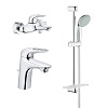 Картинка анонса товара «комплект смесителей grohe eurostyle new с душевым гарнитуром и полочкой, хром (124416)»