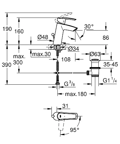 Смеситель для раковины GROHE Start с донным клапаном, хром (23552001) Смеситель для раковины GROHE Start с донным клапаном, хром (23552001)