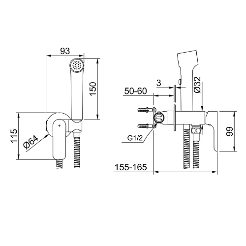 Гигиенический душ Raglo R03.52.09 встраиваемый, графит Гигиенический душ Raglo R03.52.09 встраиваемый, графит