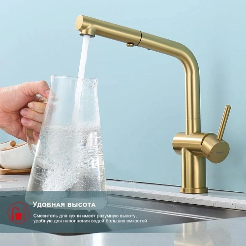 Смеситель для кухни Raglo R86.49.03 с выдвижным изливом, золотой сатин Смеситель для кухни Raglo R86.49.03 с выдвижным изливом, золотой сатин