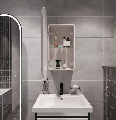 Зеркальный шкаф STWORKI Мальмё МВК074 45, с подсветкой, белый, прямоугольный, навесной, овальный, в 541469 Зеркальный шкаф STWORKI Мальмё МВК074 45, с подсветкой, белый, прямоугольный, навесной, овальный, в 541469