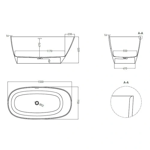 Ванна отдельностоящая Salini SOFIA 150x75 102518GN покраска по RAL снаружи S-Sense из искусственного камня Ванна отдельностоящая Salini SOFIA 150x75 102518GN покраска по RAL снаружи S-Sense из искусственного камня
