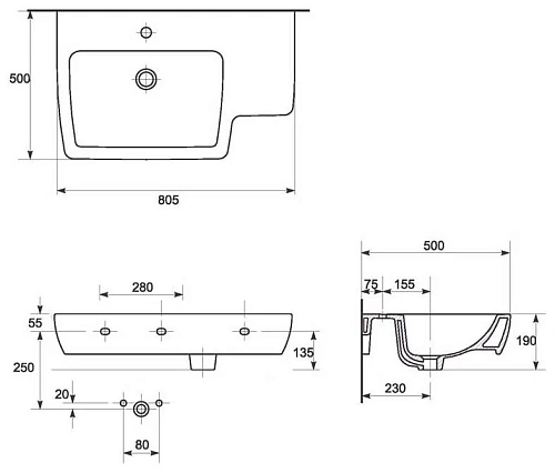 Раковина Opoczno Malmo 80 O-UM-MAL80/1-P правая Раковина Opoczno Malmo 80 O-UM-MAL80/1-P правая