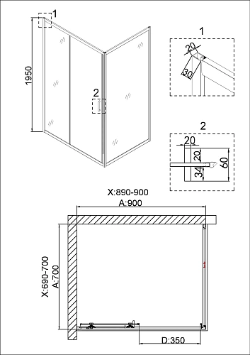 Душевой уголок Niagara Nova NG-42-9AG-A70G (90x70x195) прямоугольная, дверь раздвижная Душевой уголок Niagara Nova NG-42-9AG-A70G (90x70x195) прямоугольная, дверь раздвижная