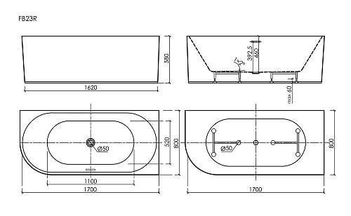 Акриловая ванна SANCOS Edge FB23R 1700x800x580, угловая, правая, с каркасом, со сливом-переливом, донным клапаном"сlick-сlack", белый Акриловая ванна SANCOS Edge FB23R 1700x800x580, угловая, правая, с каркасом, со сливом-переливом, донным клапаном"сlick-сlack", белый