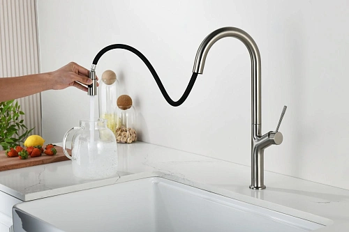 Смеситель для кухни AQUAme Cucina AQM9905BN с выдвижным изливом, с подключением к фильтру с питьевой водой, никель шлифованный Смеситель для кухни AQUAme Cucina AQM9905BN с выдвижным изливом, с подключением к фильтру с питьевой водой, никель шлифованный